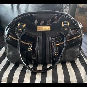 L.A.M.B Leather and Suede Black Bowling Handbag